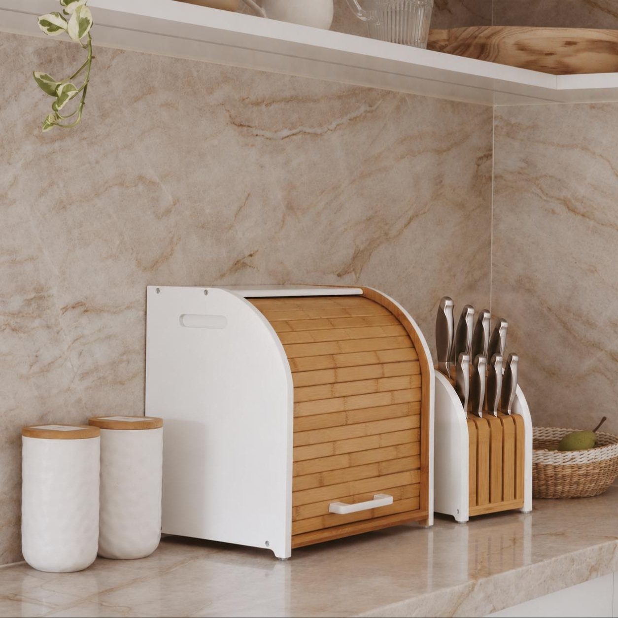 White double layer bread box and matching bamboo knife block on a marble kitchen bench