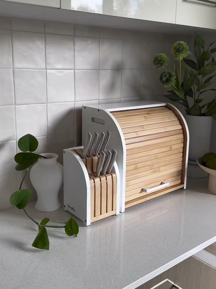 Knife block and White bread box on a grey tiled bench with a plant