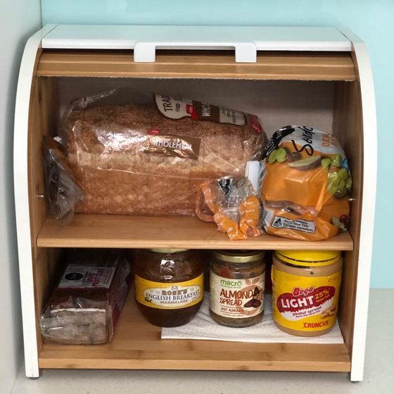 MMW's open bread box with bread and spreads