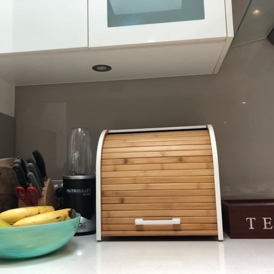 Dean's bench after: the same bench with the bread box in place